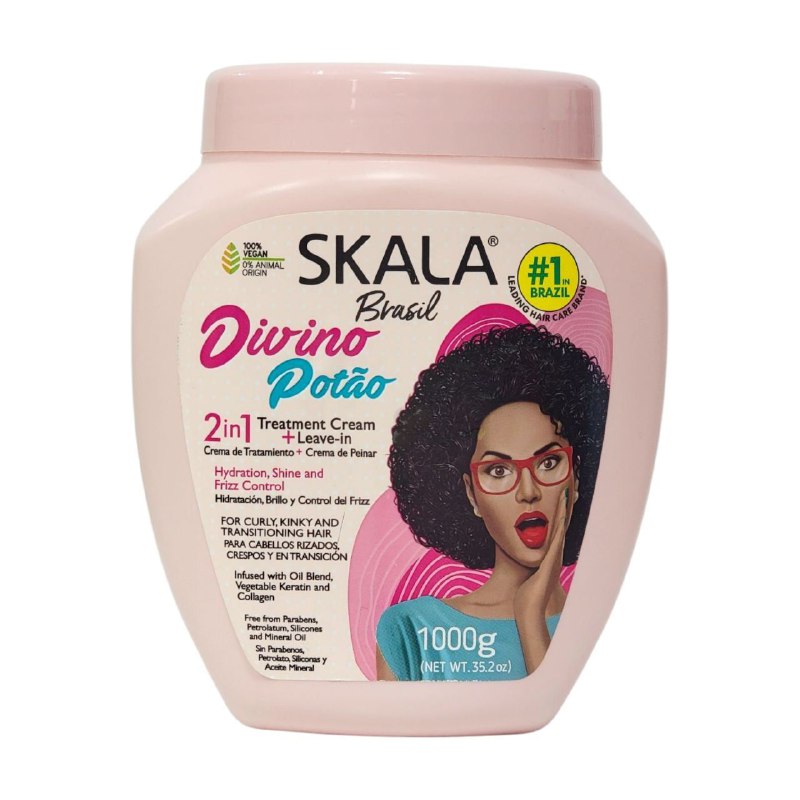 TRATAMIENTO CAPILAR EN CREMA 2 EN 1 ACONDICIONADORA PARA PEINAR, ACEITES VEGETALES, QUERATINA Y COLAGENO, HIDRATACION Y BRILLO ANTI FRIZZ PARA CABELLO RIZADO Y ENCRESPADO SKALA EXPERT DIVINO POTAO 1000G