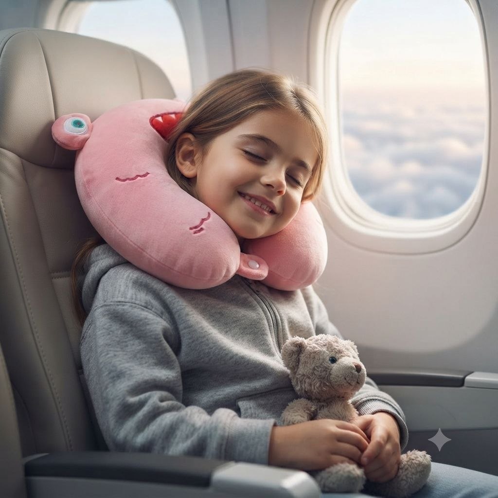 ALMOHADA DE VIAJE DE FELPA PARA NIÑOS COJÍN ERGONÓMICO DE CUELLO CON DISEÑO DE MONSTRUITO BENELI HOME 29x33 CM
