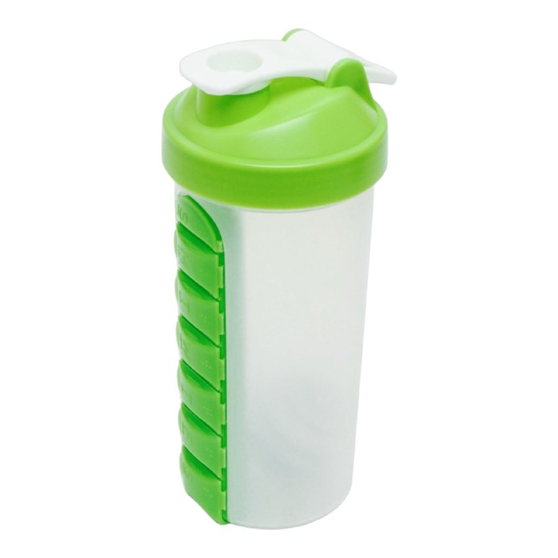 BOTELLA MEZCLADORA CON ORGANIZADOR DE VITAMINAS 2 EN 1 DE PLASTICO RESISTENTE 600ML