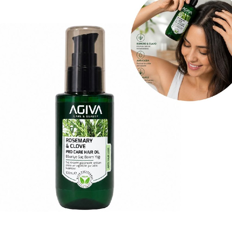 ACEITE PARA EL CABELLO FORTALECEDOR DE RAICES Y REPARADOR DE PUNTAS CON ACEITE DE ROMERO Y CLAVO DE OLOR AGIVA 100ML
