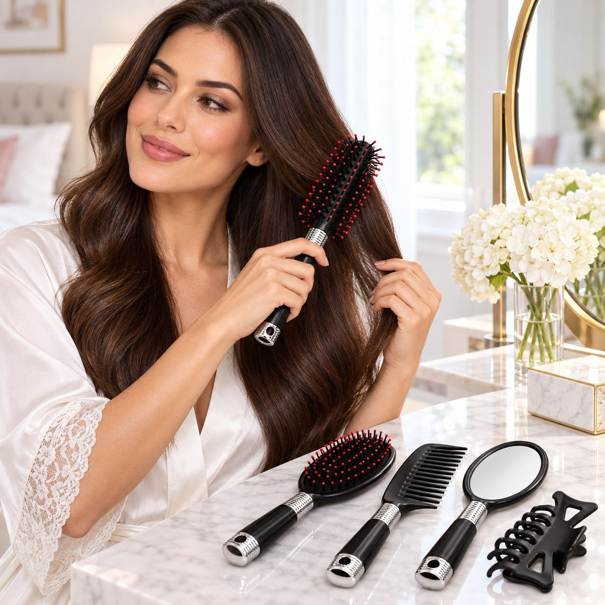 SET DE CEPILLOS ESPEJO Y ACCESORIOS PARA CABELLO 5 PIEZAS