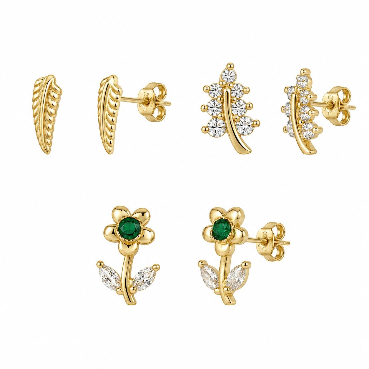 SET DE 3 PARES DE ARITOS DE ENCHAPE PARA DAMA FLORES VERDES, RAMITAS CON CIRCONES Y HOJAS