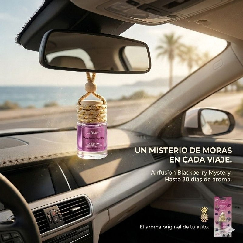 AMBIENTADOR COLGANTE PARA AUTO CON AROMA A MORA MISTERIOSA AIR FUSION 8ML