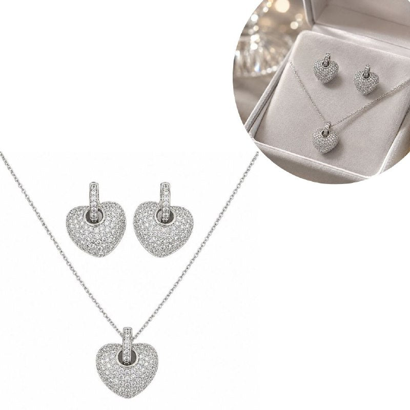 SET DE ENCHAPE PARA DAMA CADENA, DIJE Y TOPOS CORAZÓN ABOMBADO EN PAVÉ DE CIRCONES