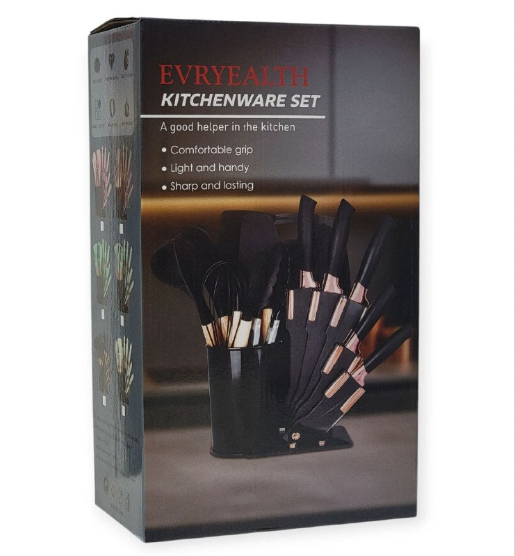 JUEGO DE CUCHILLOS DE COCINA CON UTENSILIOS Y TABLA DE PICAR COLOR NEGRO EVRYEALTH 18PCS