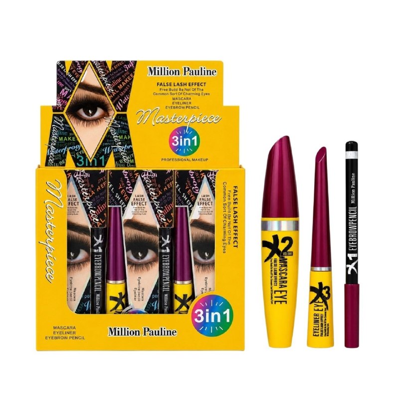 SET DE MAQUILLAJE PARA OJOS 3 EN 1, RIMEL 13.1ML, DELINEADOR LIQUIDO 8ML Y LAPIZ DE CEJAS MILLION PAULINE (DUPE DE MAX FACTOR)