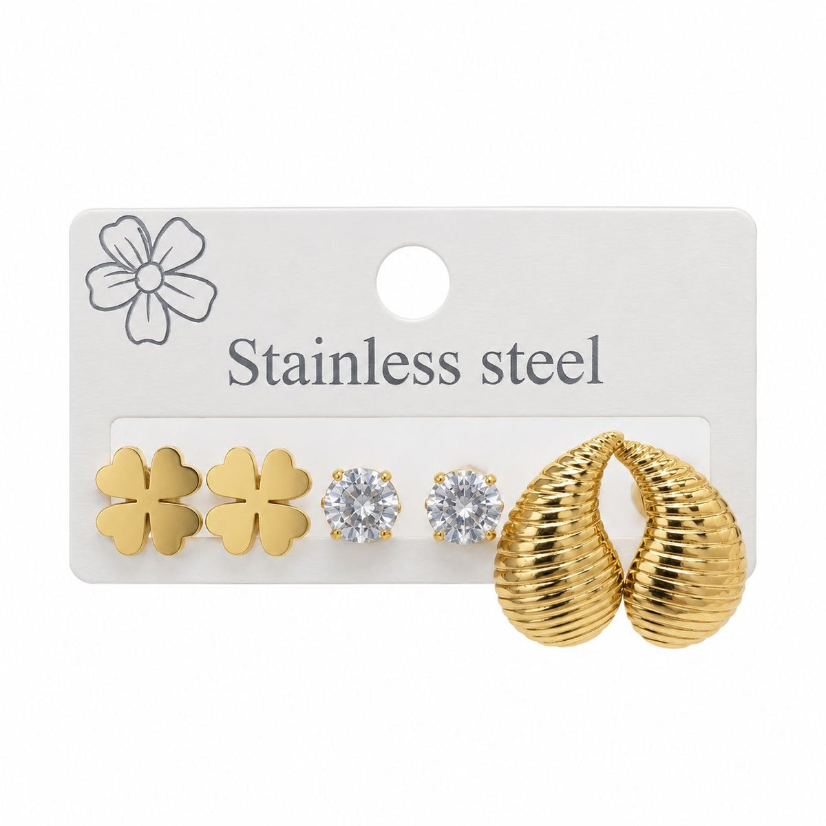 SET DE ARITOS DE ENCHAPE PARA DAMA JUEGO DE 3 PARES CON DISEÑOS DE TRÉBOL, CIRCÓN Y ARGOLLAS ABULTADAS TEXTURIZADAS 0.8CM, 0.6CM Y 2CM