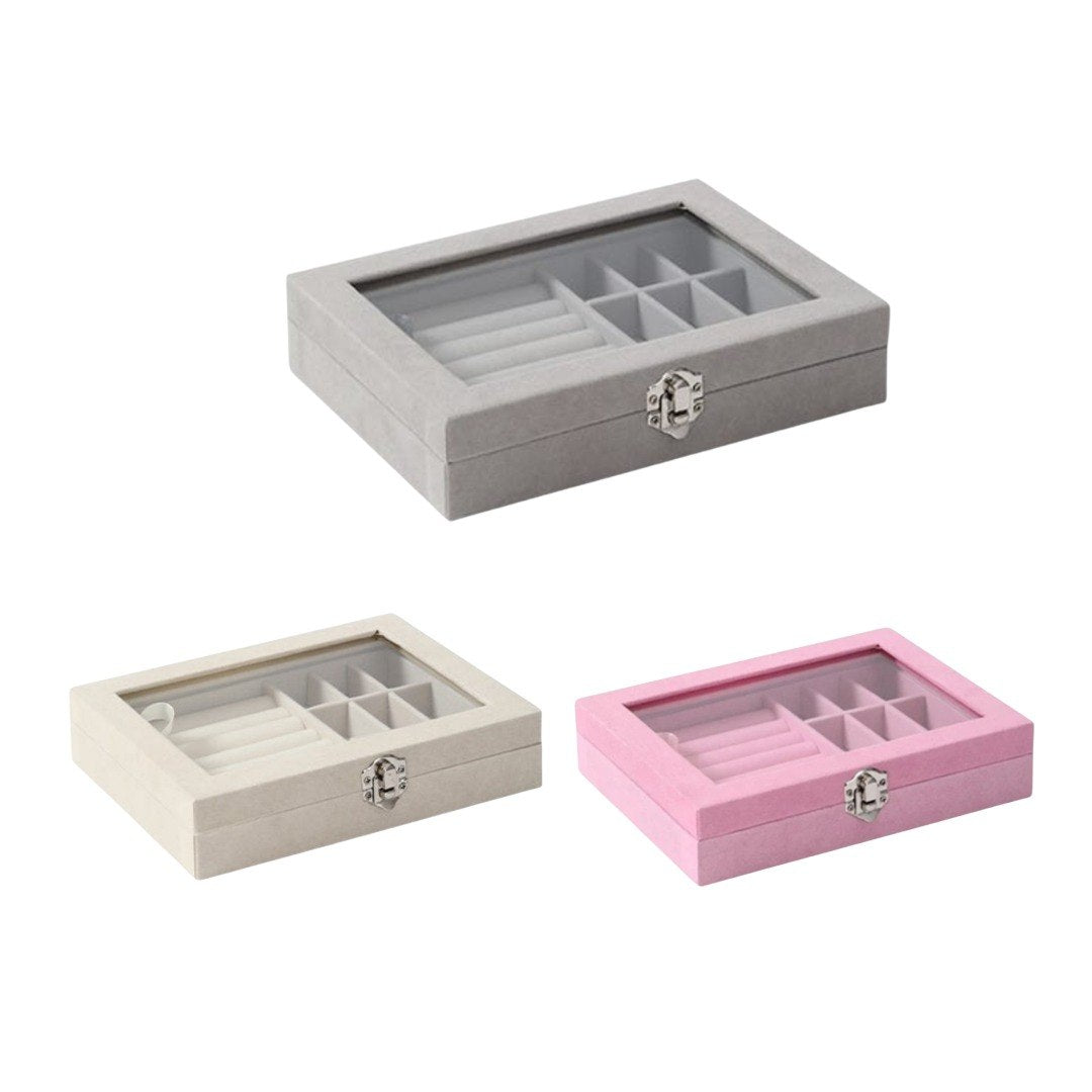 JOYERO EXHIBIDOR PREMIUM DE TERCIOPELO VITRINA ORGANIZADORA CON VENTANA TRANSPARENTE PARA ANILLOS, ARETES Y DIJES 20X15X5 CM / 3 COLORES