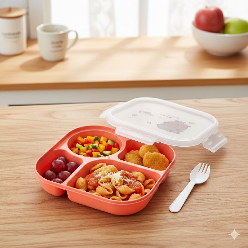 RECIPIENTE PANA PARA ALIMENTOS INFANTIL DE 4 COMPARTIMIENTOS CON TENEDOR BENELI HOME 21X21X6CM