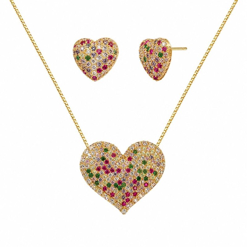 SET DE ENCHAPE PARA DAMA COLLAR Y TOPOS CORAZÓN PAVÉ CON CIRCONES MULTICOLOR