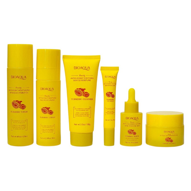 SET DE CUIDADO FACIAL DE CURCUMA DE 6 PIEZAS, EFECTO ANTIOXIDANTE, HIDRATANTE Y TIERNA EN LA PIEL BIOAQUA TURMERIC
