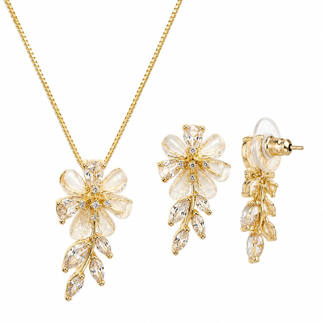 SET DE ENCHAPE PARA DAMA CON DISEÑO FLORAL Y RAMA DE CIRCONES EN CORTE MARQUESA Y GOTA