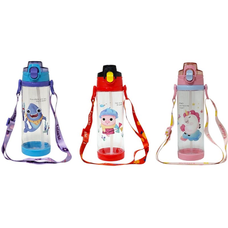 BOTE DE AGUA INFANTIL CON CORREA Y PAJILLA PARA NIÑOS 24X7CM