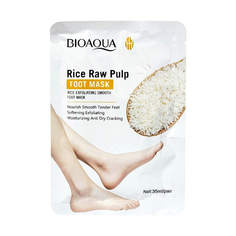 MASCARILLA PARA PIES EXFOLIANTE TIPO CALCETIN DE EXTRACTO DE PULPA DE ARROZ CRUDO SUAVIZANTE BIOAQUA 1 PAR 35ML