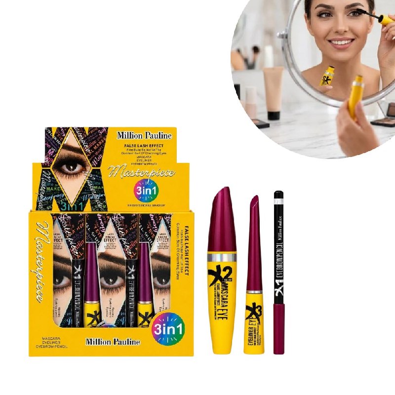 SET DE MAQUILLAJE PARA OJOS 3 EN 1, RIMEL 13.1ML, DELINEADOR LIQUIDO 8ML Y LAPIZ DE CEJAS MILLION PAULINE (DUPE DE MAX FACTOR)