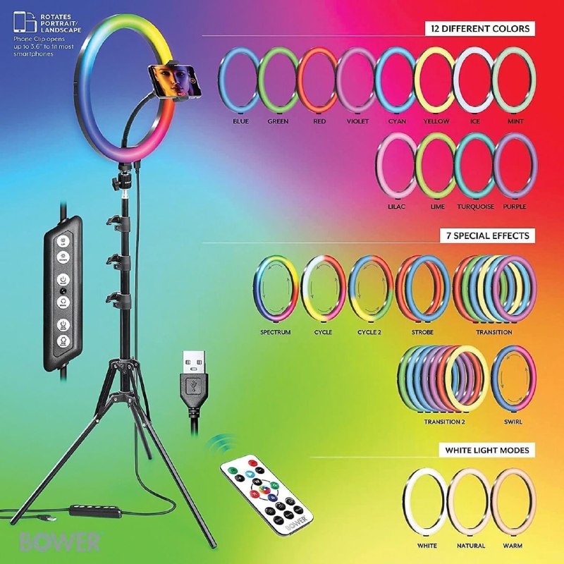 ARO DE LUZ LED ANILLO DE LUZ PARA SELFIE LUZ ANULAR BLANCA/RGB DE 2 PULGADAS CON ROTULA DE 360 GRADOS, TRIPODE DE 62 PULGADAS BOWER KIT