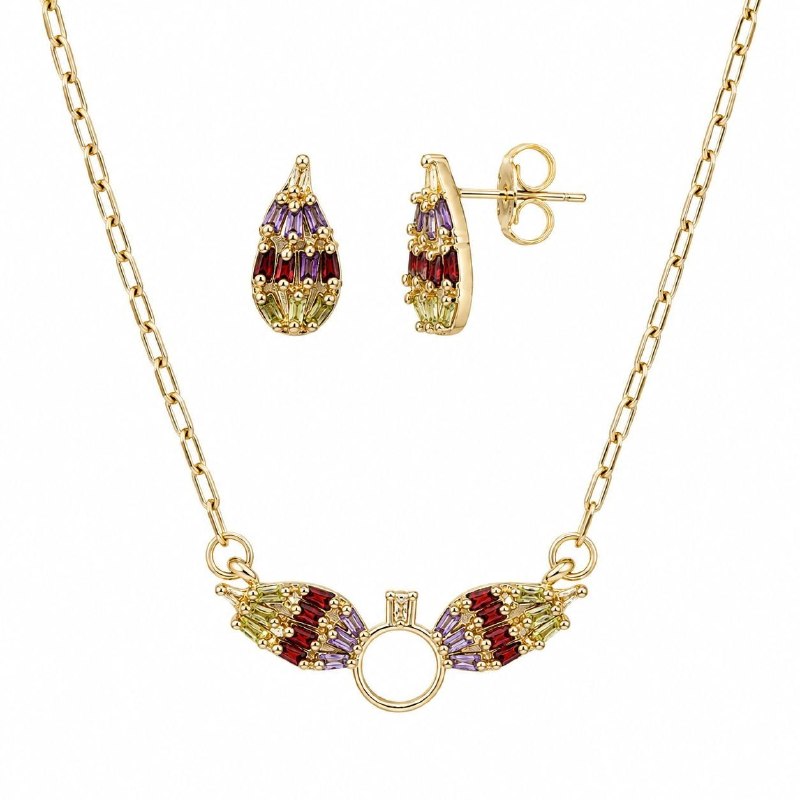 SET DE ENCHAPE PARA DAMA COLLAR Y TOPOS ALAS DUALES CON CIRCONES BAGUETTE MULTICOLOR