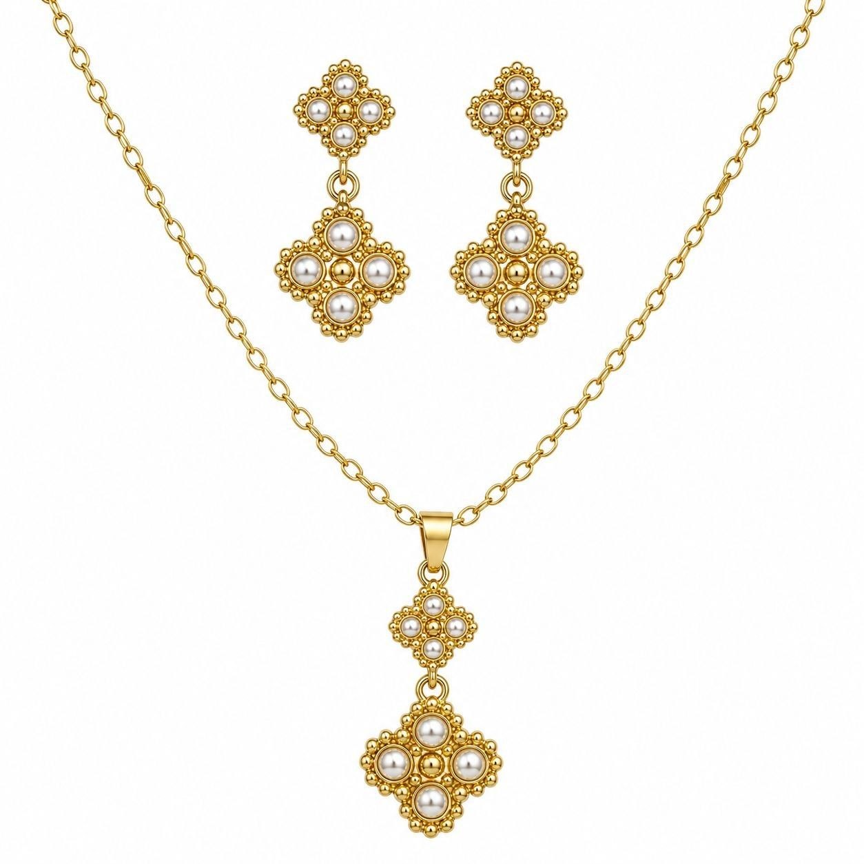 SET DE ENCHAPE PARA DAMA CADENA, DIJE Y ARETES TRÉBOL ROMBO DOBLE NIVEL CON PERLAS Y BALINES