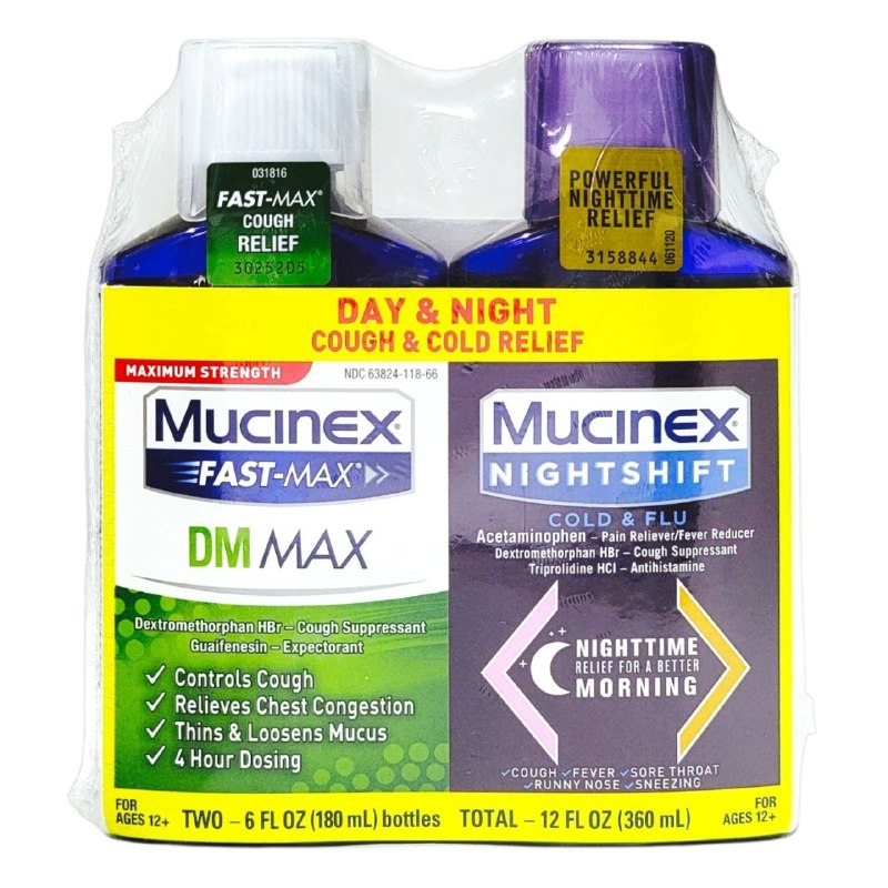 JARABE PARA ALIVIO DE LA TOS Y GRIPE PACK DE DIA Y NOCHE 2PCS MUCINEX 180MLX2