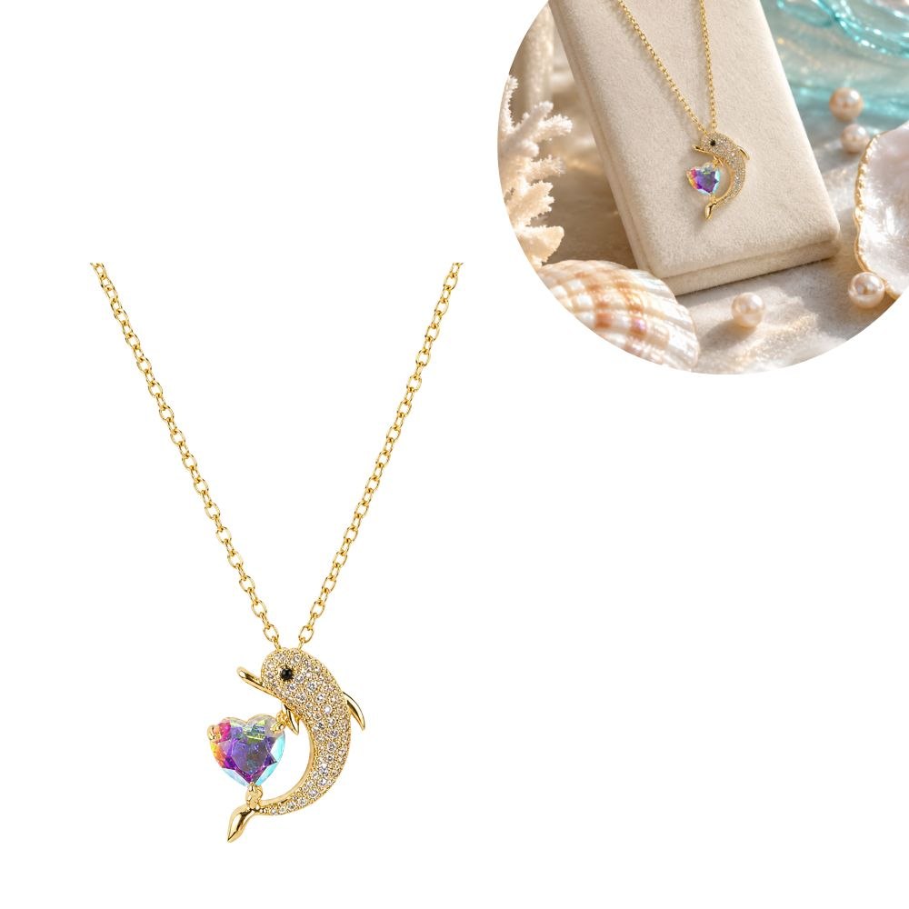 GARGANTILLA DE ENCHAPE PARA DAMA CON DISEÑO DE DELFÍN EN PAVÉ Y CORAZÓN DE CRISTAL AURORA BOREAL