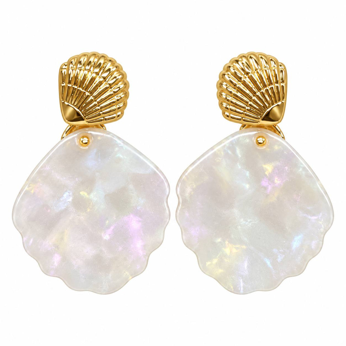 ARITOS DE ENCHAPE PARA DAMA CON DISEÑO DE CONCHA MARINA DORADA Y COLGANTE BLANCO NACARADO 4CM