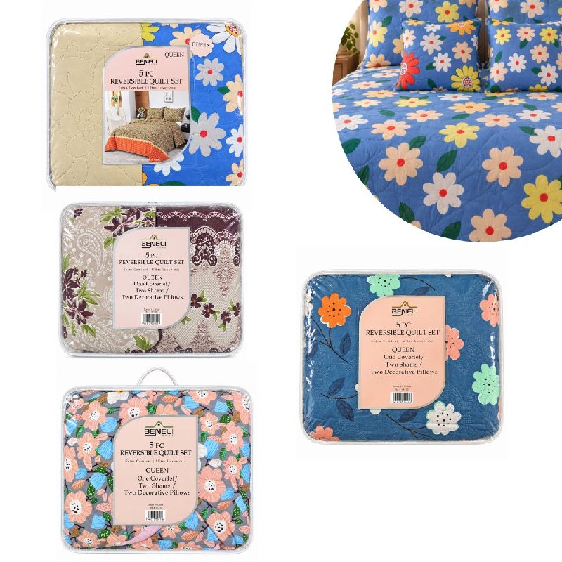 JUEGO DE EDREDON CUBRECAMA REVERSIBLE QUEEN DE 5 PIEZAS BENELI HOME