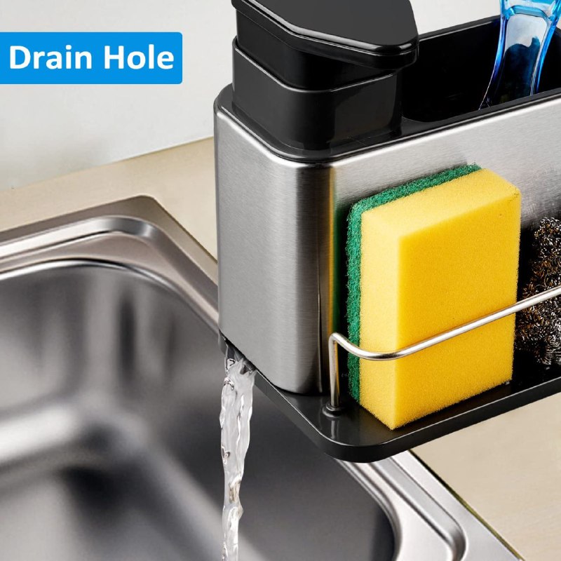 DISPENSADOR DE JABON LIQUIDO PARA COCINA, ESTANTE DE ALMACENAMIENTO DE LIMPIEZA 3 EN 1, ORGANIZADOR DE ACERO INOXIDABLE CLEAN STORAGE BOX