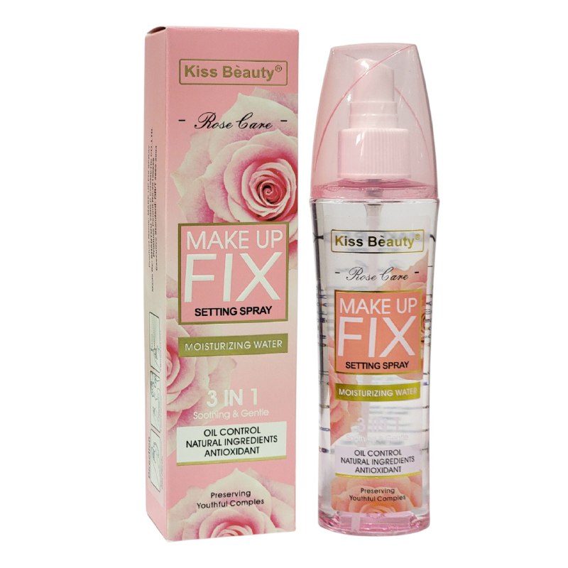 FIJADOR DE MAQUILLAJE EN SPRAY 3 EN 1 HIDRATANTE, AGUA DE ROSAS CALMANTE, SUAVE, RICO Y DE RAPIDA ABSORCION KISS BEAUTY 150ML