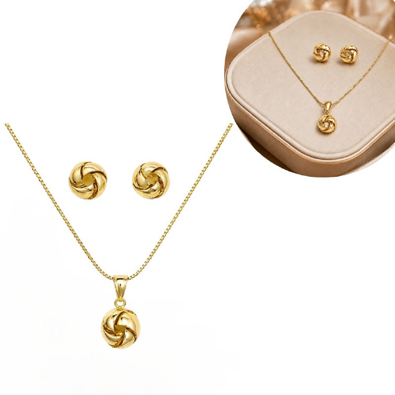 SET DE ENCHAPE PARA DAMA CADENA, DIJE Y TOPOS NUDO DE AMOR / REMOLINO DORADO PULIDO