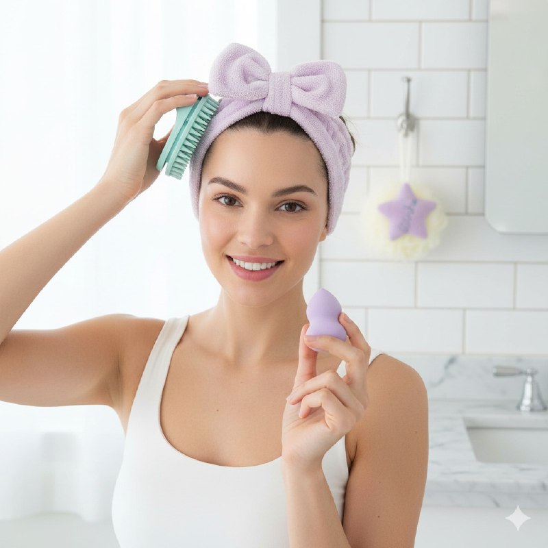 KIT DE CUIDADO FACIAL, BANDA PARA EL PELO, ESPONJA, CEPILLO MESAJE CAPILAR, ESPONJA DE MAQUILLAJE KISS LOVELY, 4 ESTILOS