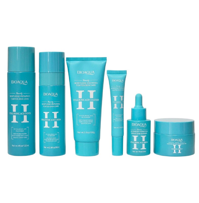 SET DE CUIDADO FACIAL DE ULTRAHIDRATACION, FIRMEZA Y REPARACION CUTANEA CON ACIDO HIALURONICO BIOAQUA 6PCS