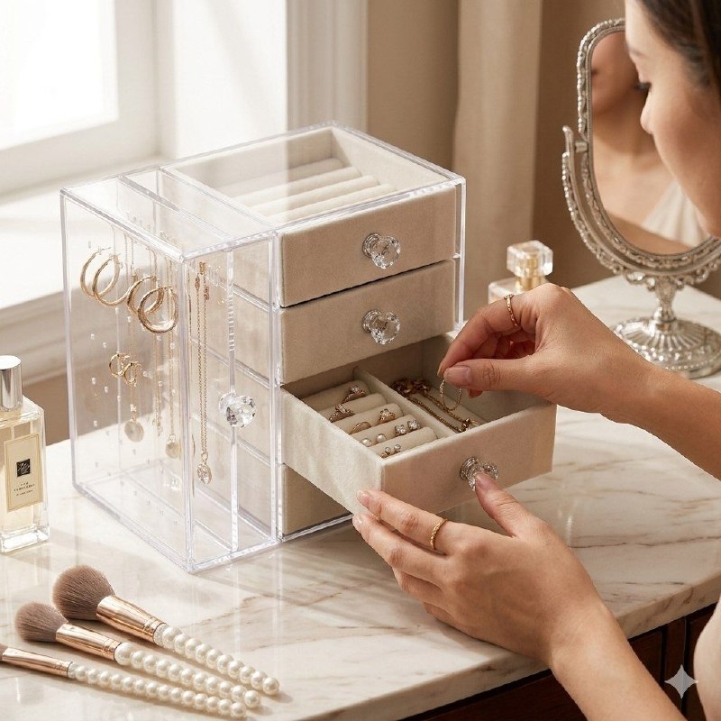 ORGANIZADOR DE JOYAS MULTISECCION CON GANCHOS ANTI ENREDOS 18X21X13CM