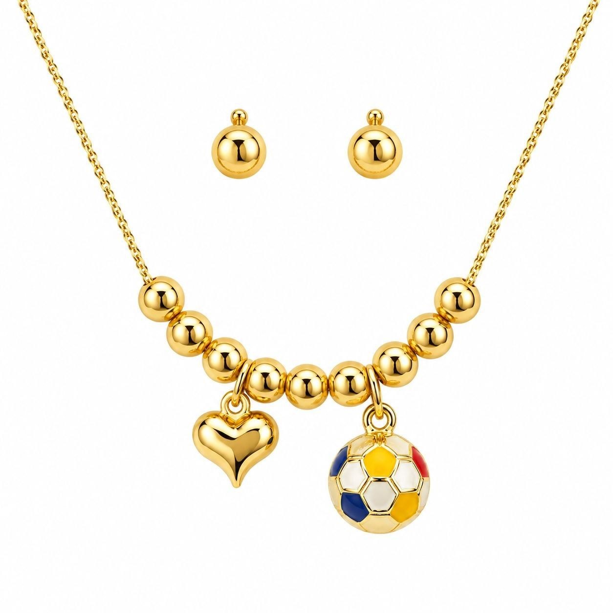 SET DE ENCHAPE PARA DAMA COLLAR CON BALINES, DIJES CORAZÓN Y BALÓN FÚTBOL ESMALTADO CON TOPOS BALÍN