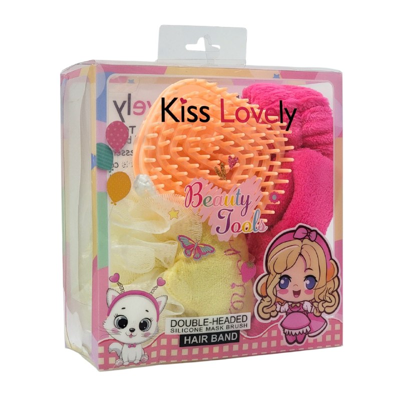 KIT DE CUIDADO FACIAL, BANDA PARA EL PELO, ESPONJA, CEPILLO MESAJE CAPILAR, ESPONJA DE MAQUILLAJE KISS LOVELY, 4 ESTILOS
