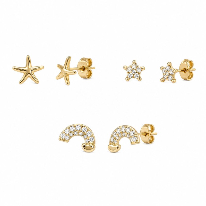 SET DE 3 PARES DE ARITOS DE ENCHAPE PARA DAMA CON DISEÑO DE ESTRELLA