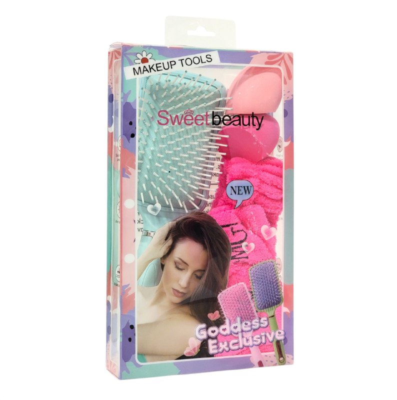 KIT DE CUIDADO FACIAL Y DE CABELLO, CEPILLO DESENREDANTE, ESPONJA MAQUILLAJE, VINCHA ELASTICA, 4 COLORES SWEET BEAUTY