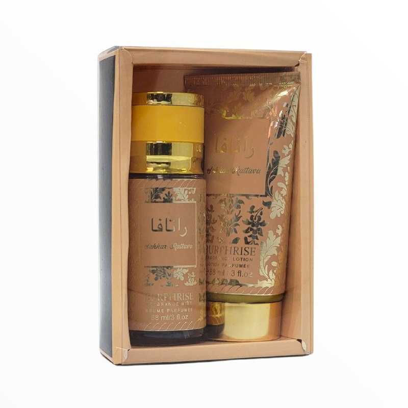 SET SAKHAR RATTAVE BURPHRISE SPLASH 88ML, BODY LOTION 88ML (M) (AROMA SIMILAR LATTAFA FAKHAR GOLD)