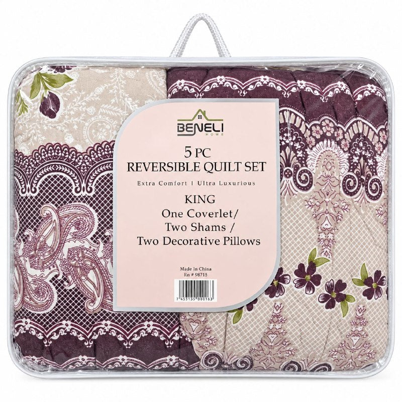 JUEGO DE EDREDON CUBRECAMA REVERSIBLE KING DE 5 PIEZAS BENELI HOME