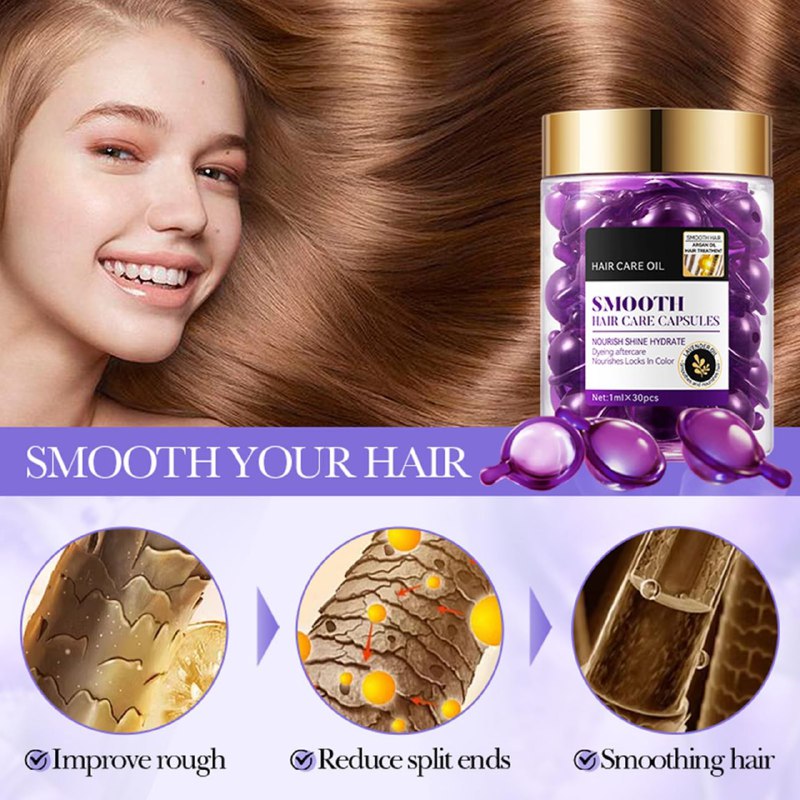 AMPOLLAS PARA EL CABELLO EN CAPSULAS LISO DE ACEITE DE ARGAN Y LAVANDA, TRATAMIENTO DE TINTURA PARA CUIDADOS POSTERIORES AL TEÑIDO, NUTREN EL CABELLO CON COLOR, SUAVE, BRILLO Y SUAVIZANTE SADOER HAIR CARE OIL SMOOTH 1MLX30