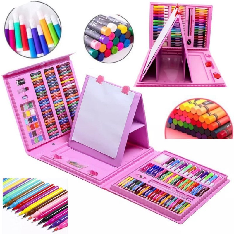 ESTUCHE DE ARTE Y DIBUJO CREATIVO PORTATIL PARA NIÑOS COLOR ROSADO 208 PIEZAS
