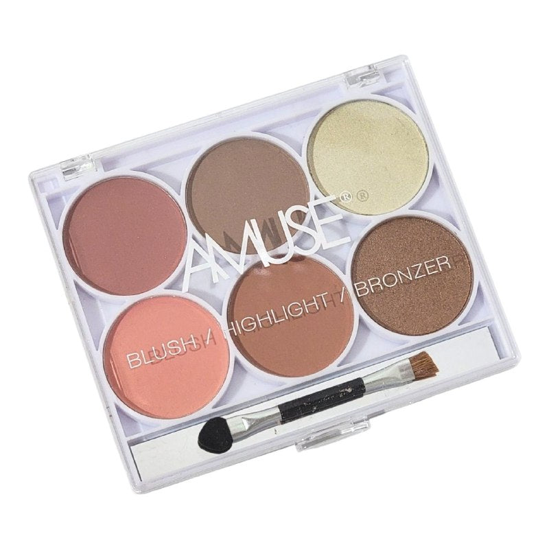 RUBOR EN PALETA 3 EN 1 CON ILUMINADOR Y BRONCEADOR CON APLICADOR DOBLE PUNTA AMUSE COSMETICS 13G