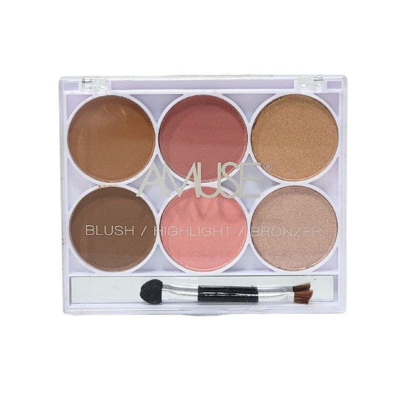 RUBOR EN PALETA 3 EN 1 CON ILUMINADOR Y BRONCEADOR CON APLICADOR DOBLE PUNTA AMUSE COSMETICS 13G