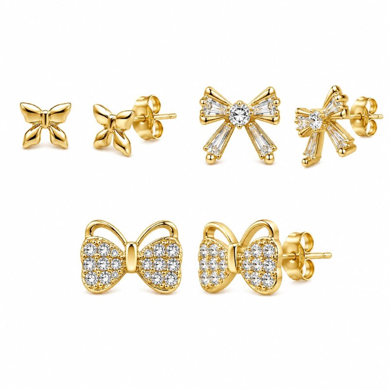 SET DE 3 PARES DE ARITOS DE ENCHAPE PARA DAMA MOÑOS CON CIRCONES Y MARIPOSAS DORADAS