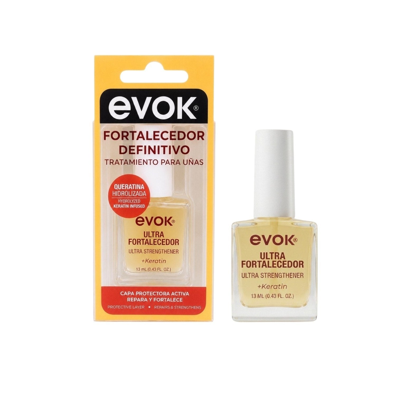 ESMALTE DE UÑAS RATAMIENTO DUAL DE MÁXIMA RESISTENCIA Y PROTECCIÓN DE USO DIARIO BASE Y BRILLO FORTALECEDOR EVOK 13 ML