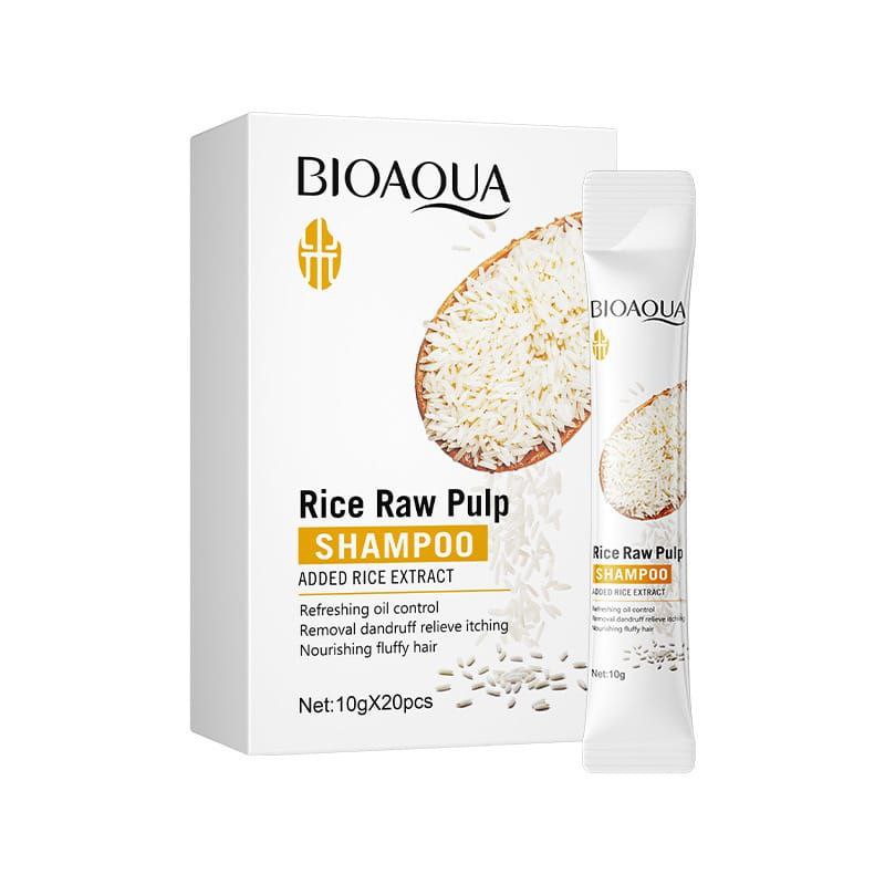SHAMPOO DE PULPA CRUDA DE ARROZ EN BOLSITA ESPUMA RICA Y CREMOSA BIOAQUA 10G