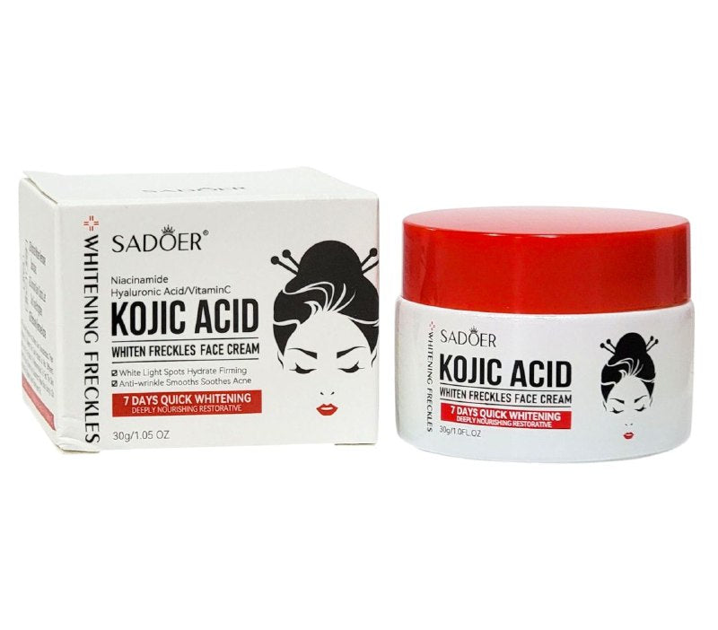 CREMA FACIAL BLANQUEADORA DE PECAS, CON ACIDO KOJICO, NIACINAMIDA, ACIDO HIALURONICO, HIDRATA, REAFIRMA, ANTIARRUGAS SADOER KOJIC ACID 30G