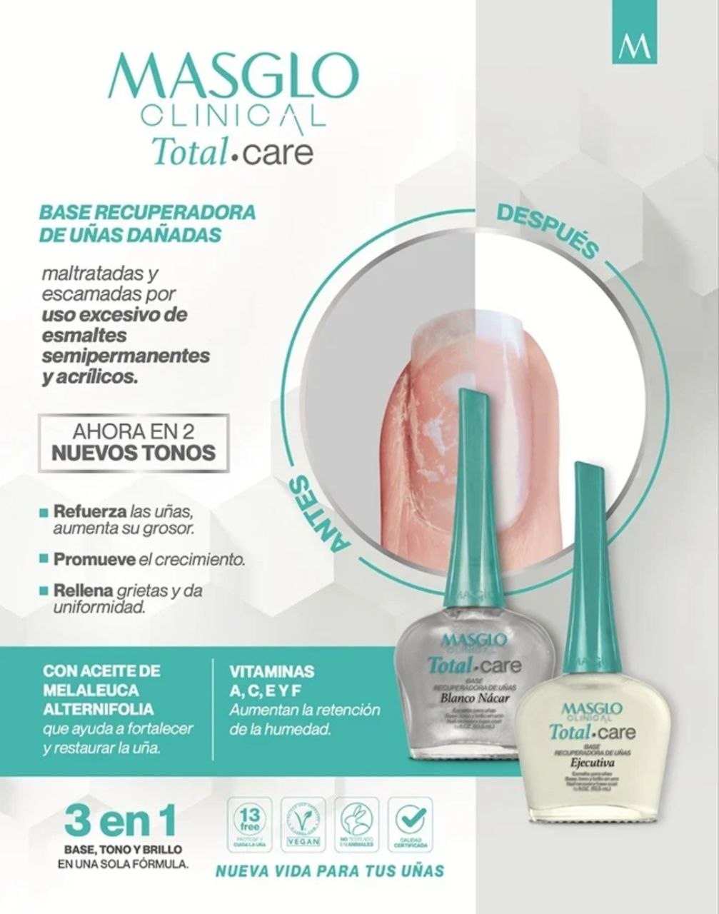 ESMALTE PARA UÑAS BASE RECUPERADORA DE UNAS CLINICAL TOTAL CARE EJECUTIVA MASGLO 13.5ML