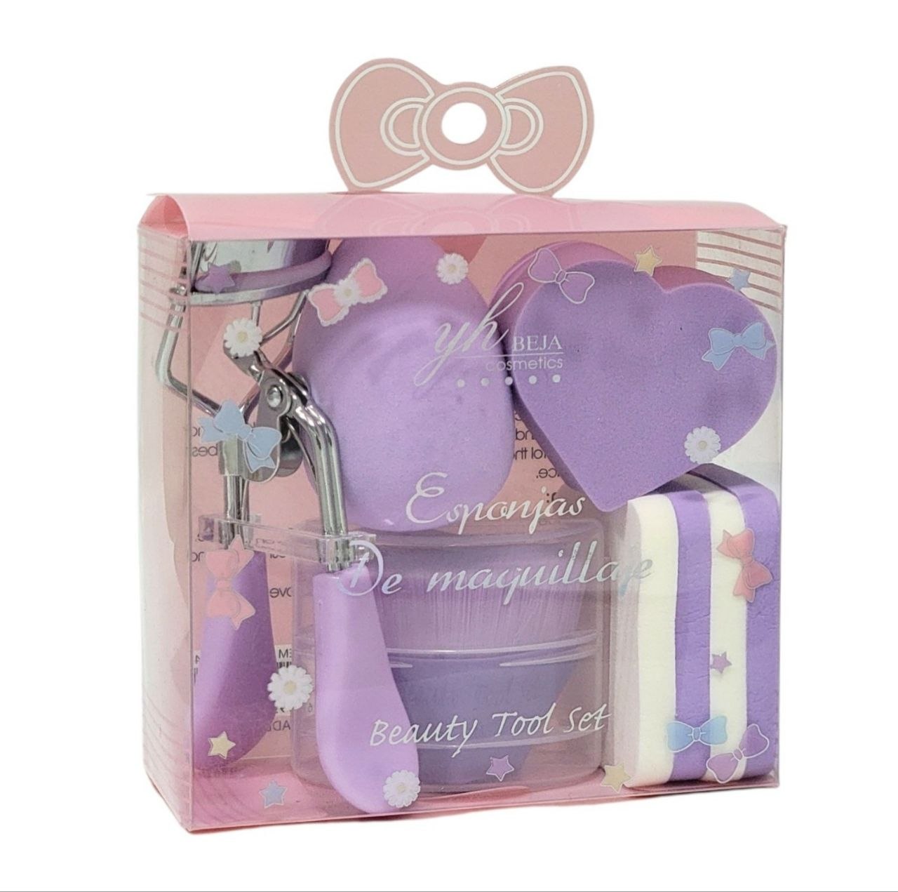 SET DE HERRAMIENTAS DE BELLEZA RIZADOR DE PESTAÑAS ESPONJAS TIPO BEAUTY BLENDER Y BORLAS YH BEJA COSMETICS