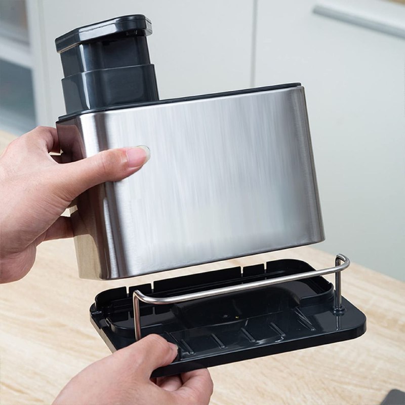 DISPENSADOR DE JABON LIQUIDO PARA COCINA O BAÑO CON ESTANTE DE ALMACENAMIENTO 3 EN 1 DE ACERO INOXIDABLE STAINLESS STEEL