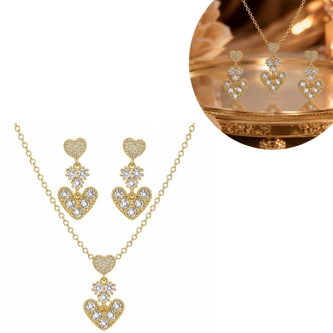 SET DE ENCHAPE PARA DAMA CADENA, DIJE Y ARETES COLGANTES CORAZONES CON CIRCONES